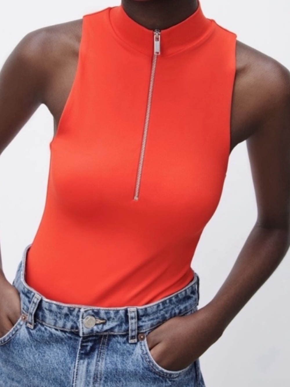 Zara Orange Zip-Front Sleeveless Bodysuit